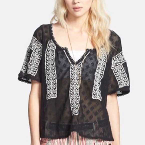 Free People Tops - Free People “Gold Dust" Embroidered Peasant Top Woman’s Size Small